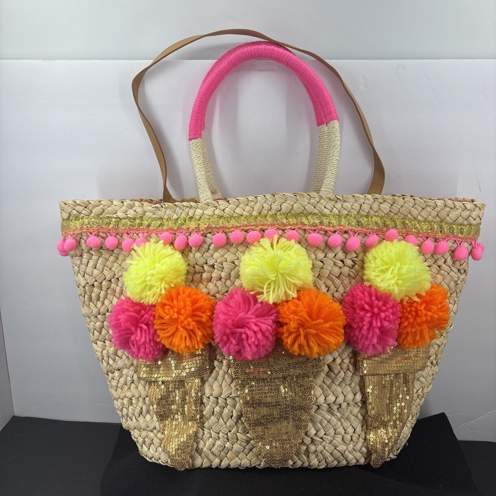 Emma Lomax England POM POM Ice Cream Cone Woven Corn Bran Beach Travel‎ Tote Bag